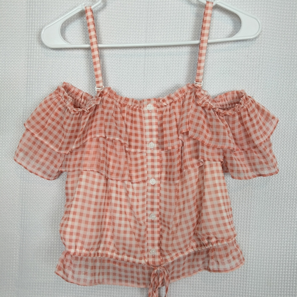 LC Lauren Conrad Off Shoulder Orange Check Strappy Ruffle Crop Top Size M NWT